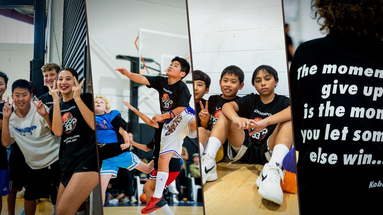 Young players celebrating, shooting and sitting courtside at a Hoop33 Holiday HoopJam