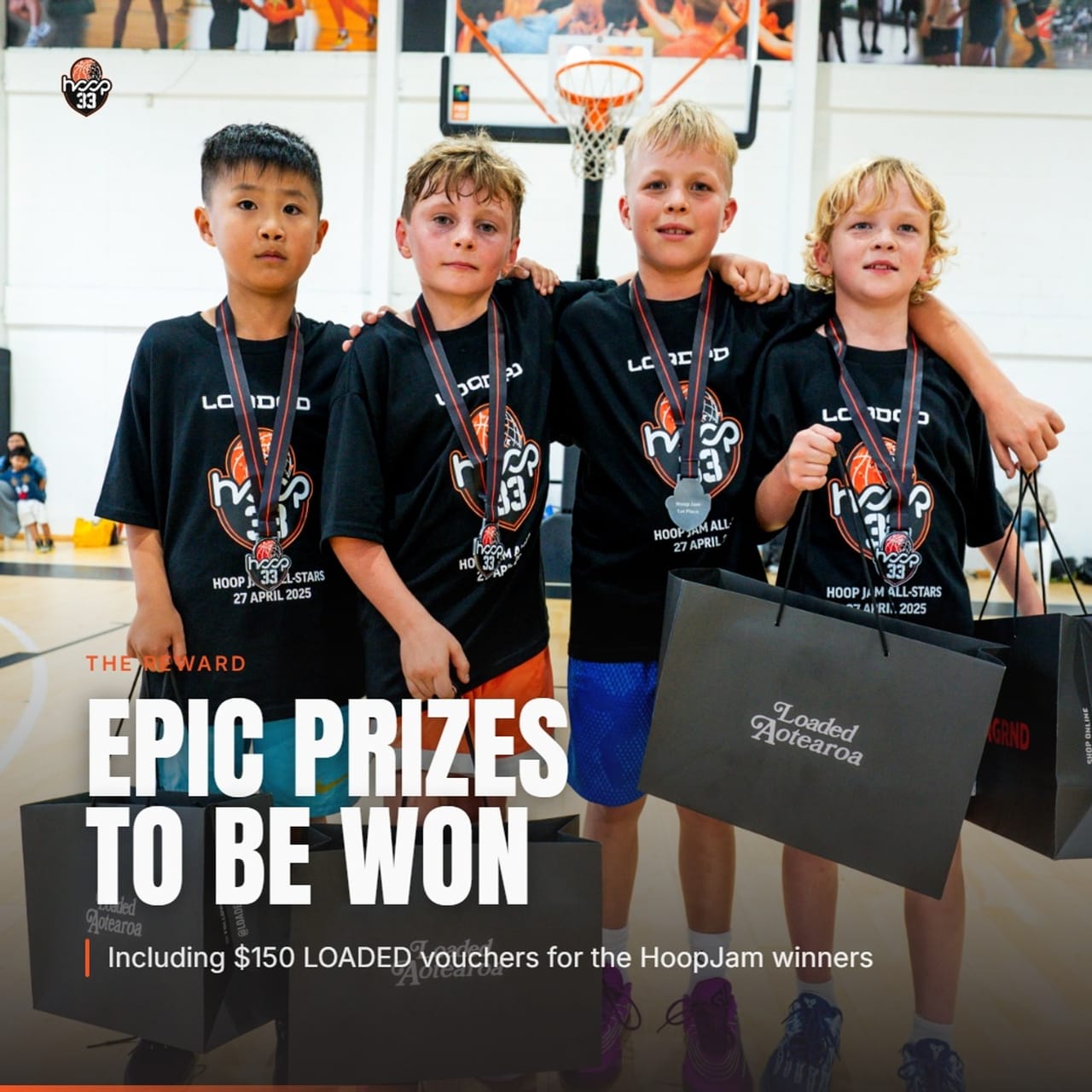 HoopJam winners with their medals and prizes, including $150 LOADED vouchers
