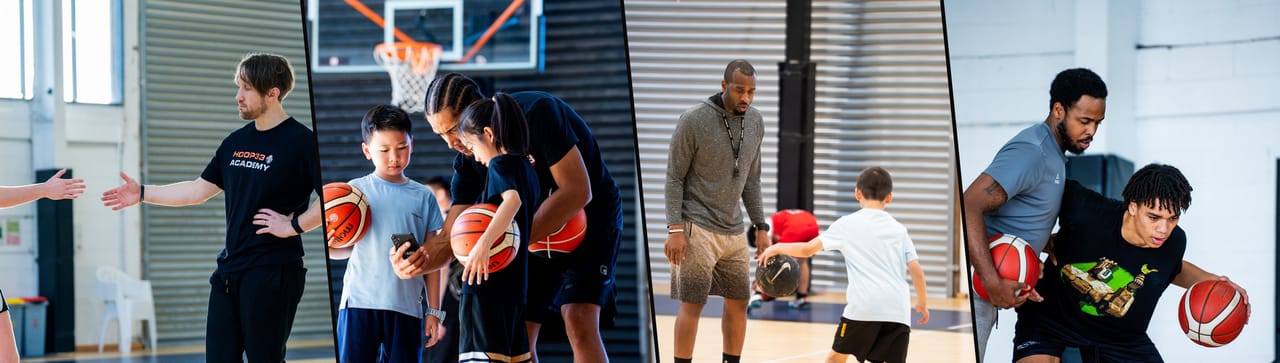 Four moments from Hoop33 private training — a coach mid-instruction, a coach and two juniors going over a phone courtside, a young player working a cone drill, and a one-on-one defensive rep